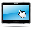 Touchscreen digital tablet with hand cursor.