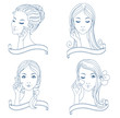 Outline beauty girls set with banners