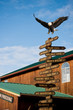american bald eagle landing on milepost in homer alaska