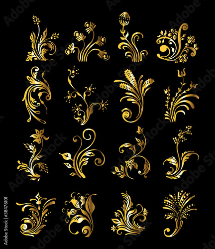 Vector: Floral Ornament Set of Vintage Golden Decoration Elements Floral Ornament Set of Vintage Golden Decoration Elements