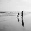 small boy plays by the ocean as his dad watches on