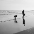 small boy plays by the ocean as his dad watches on