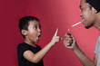 Boy asking a smoker to stop smoking