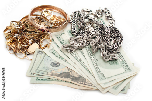 Photo: gold and silver pile scrap and cash dollar gold and silver pile scrap and cash dollar