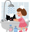 Cat taking a bath
