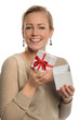 Photo : Woman Holding Gift Box With Ribbon Woman Holding Gift Box With Ribbon