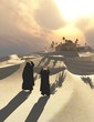 Two bedouin women walking in Oasis desert in the afternoon