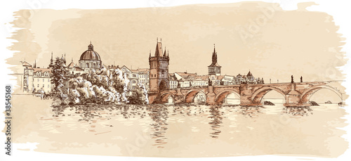 Vector: Panorama of Prague. View of Charles Bridge and the Vltava river Panorama of Prague. View of Charles Bridge and the Vltava river