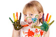 Beautiful little girl with hands painted in colorful paints