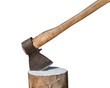 Photo: Axe and log isolated on white background Axe and log isolated on white background