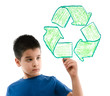 Little cute boy drawing recycle sign on glass.