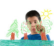 Photo: Little cute boy drawing picture on glass. Little cute boy drawing picture on glass.