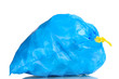 blue garbage bag with trash isolated on white
