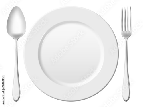 Photo: Dinner place setting. A white china plate with silver fork and s Dinner place setting. A white china plate with silver fork and s