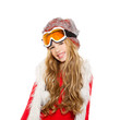 kid girl with snow winter glasses and white fur