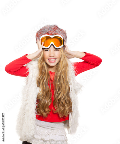 Photo: kid girl with snow winter glasses and white fur kid girl with snow winter glasses and white fur