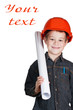 little boy with drawing and in hard hat