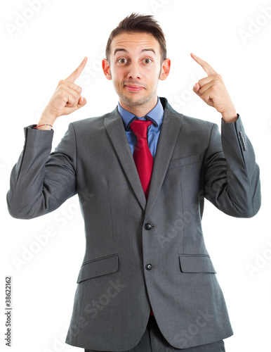 Photo: Businessman having an idea isolated on white Businessman having an idea isolated on white