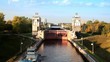 Ship in front of gate of sluice number 8 Moscow Canal