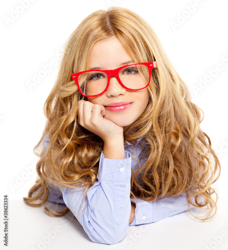 Photo: blond fashion kid girl with glasses portrait on white blond fashion kid girl with glasses portrait on white