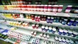 Many cans of paint are on shelves in store