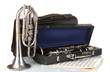 antique trumpet and clarinet in case isolated on white antique trumpet and clarinet in case isolated on white
