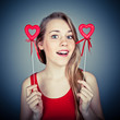 Photo: funny girl with red hearts funny girl with red hearts