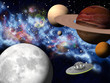 small spaceship between planets and stars