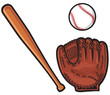baseball glove, ball and bat