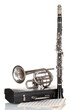 antique trumpet, clarinet and case isolated on white antique trumpet, clarinet and case isolated on white