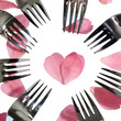 forks surrounding heart shape and rose petals
