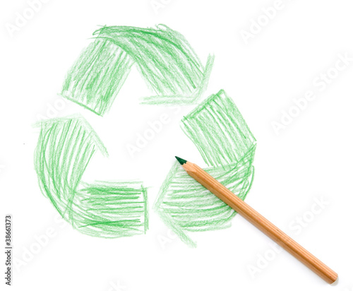 Photo: Recycle sign drawing on white background. Recycle sign drawing on white background.