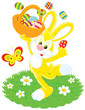 Easter Bunny dances with basket of colored eggs