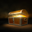 Old wooden treasure chest with strong glow from inside