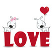 Funny dogs' couple on the red word 