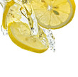 Lemon slices in water splash, white background, isolated