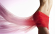 Beautiful woman rad white tissue on her hips
