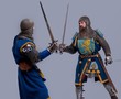 Two medieval knights fighting.