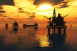 Sea Oil Platforms and Tanker in the Sunset 3D render