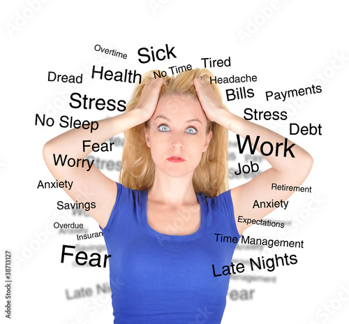 Photo: Stress Worry Woman with Text on White Stress Worry Woman with Text on White