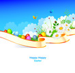 Easter eggs with grass and ribbon