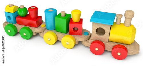 Illustration: Wooden toy train, on a white background, 3d render Wooden toy train, on a white background, 3d render
