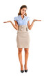 Full length businesswoman with open hands