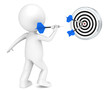 3D little human character throwing Dart. Blue arrows