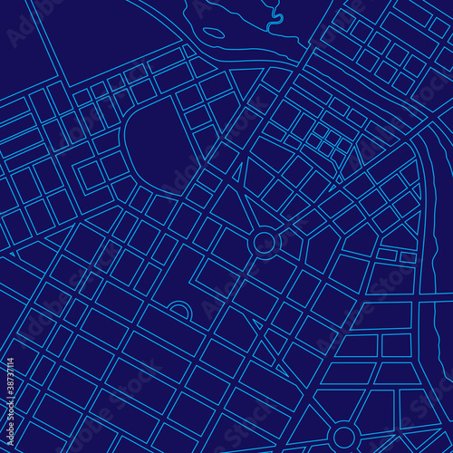 Illustration: Blue digital map of a generic city Blue digital map of a generic city