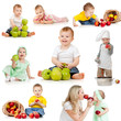 Cute children with healthy food apples. Isolated on white backgr