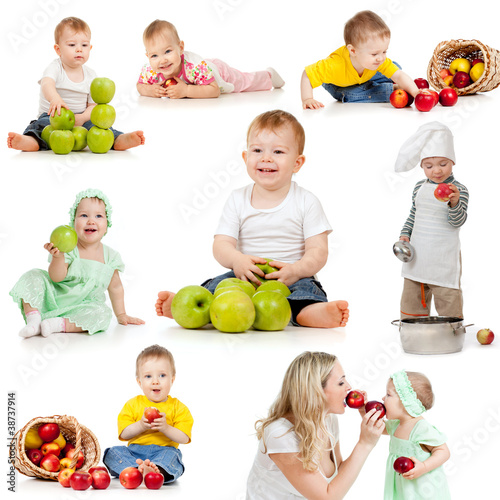 Photo: Cute children with healthy food apples. Isolated on white backgr Cute children with healthy food apples. Isolated on white backgr