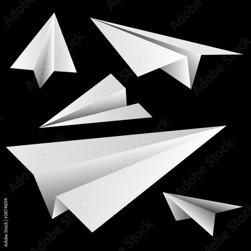 Vector: Paper planes set on black background. Paper planes set on black background.