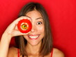 Photo: Funny food woman with red tomato Funny food woman with red tomato