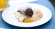 Glazed cheek of Iberian pork in sherry and cream with rice and m Glazed cheek of Iberian pork in sherry and cream with rice and m